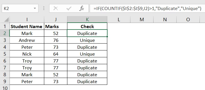 duplicate check using countif